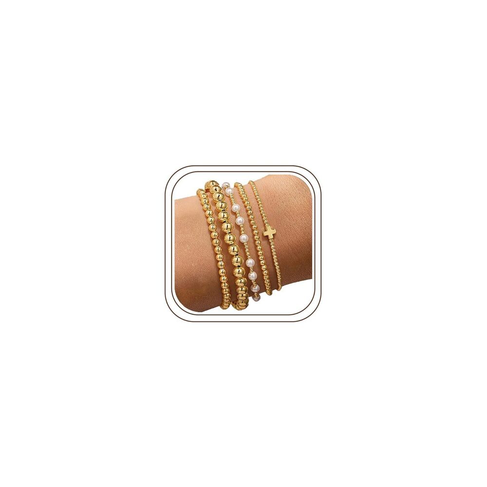 Gold Beaded Bracelets Set for Women - 14k Gold Plated Dainty Tiny Round